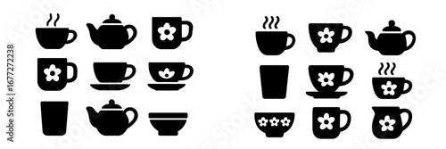 Collection of Teacups, Teapots, and Glasses with Flowers