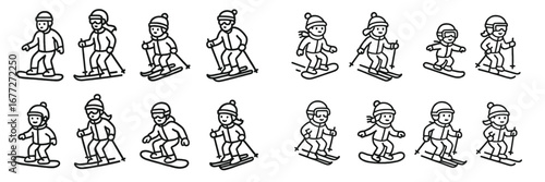 Set of cartoon skiers and snowboarders in different poses