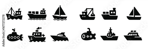 Collection of stylized boat and ship icons