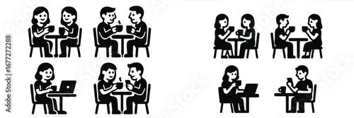 People sitting at tables with drinks and devices