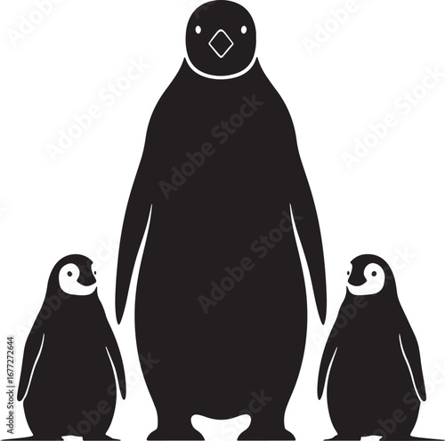 A charming black and white silhouette illustration of an adult penguin standing with two small baby chicks, representing family and parental love
