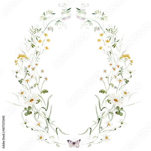 Wreath. Watercolor colorful wildflower floral clipart - flower forest meadow green red pink herbs leaves. Wedding invitation, fashion, background, textile. Fern, clover, chamomile, ivy, strawberry.