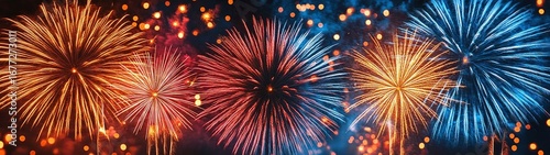 Spectacular fireworks bursting with vibrant colors over night sky for celebrations