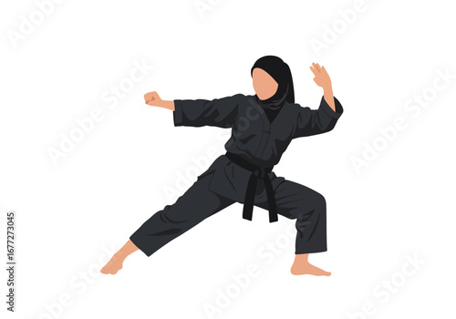 Focused Muslim Woman Practicing Martial Arts.