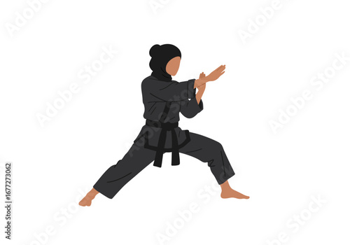 Focused Woman Practicing Martial Arts Defensive Stance.