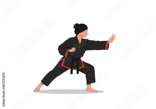 Focused Female Martial Artist in Black Uniform.