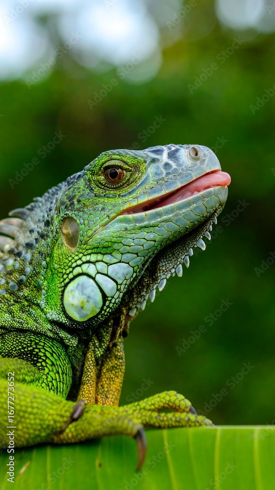 Fototapeta premium Close-up of a green iguana on a leaf