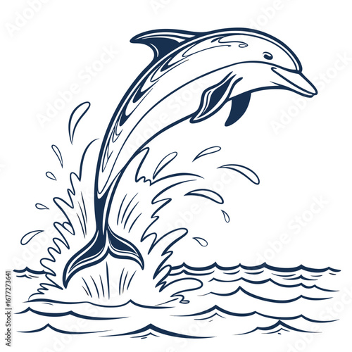 Dolphin Leaping From Water Splash Line Art Graphic jumping ocean