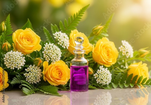 A small glass vial filled with purple liquid, resting in front of a lush floral composition.
