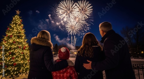Family watches beautiful fireworks display during the holiday season