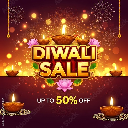 Diwali sale promotion with illuminated oil lamps, floral decorations, and festive sparkles, offering up to 50 off for the indian festival of lights