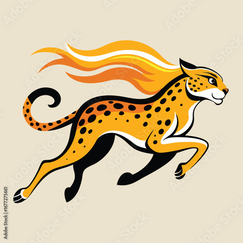 Energetic Cheetah with Fiery Mane and Tail in Full Gallop running speed