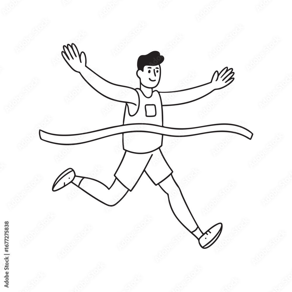 Fototapeta premium An illustration of runner crossing the finish line with a victory sign
