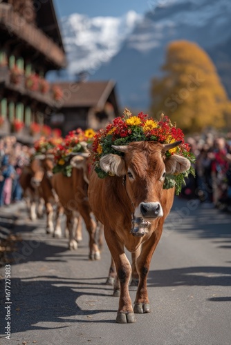 Decorated cows in Swiss Alpabzug festival parade