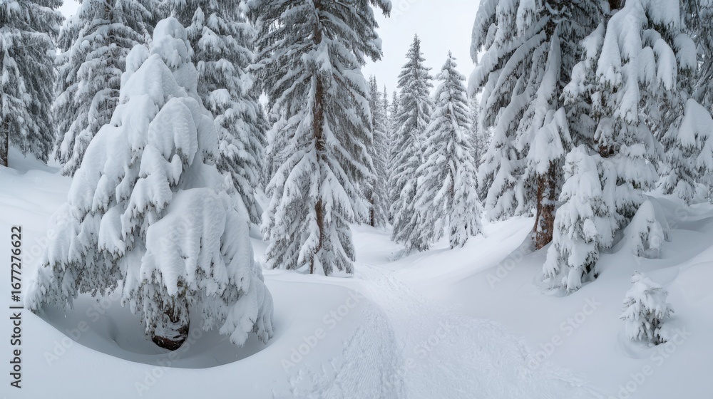 Fototapeta premium Winter wonderland scene snowy forest nature photography serene environment wide angle tranquility and beauty