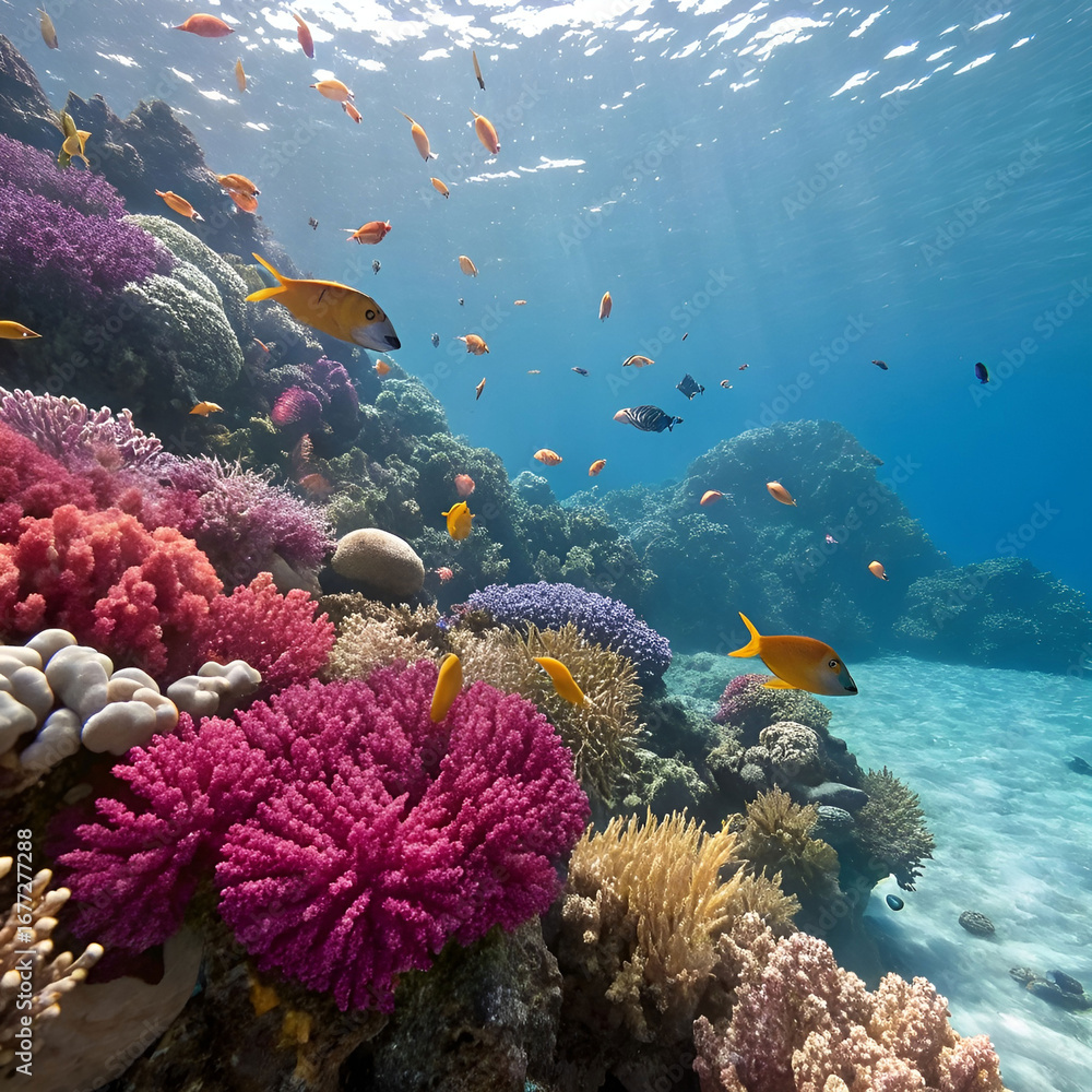 Naklejka premium Colorful coral reef underwater, bursting with vibrant marine life.