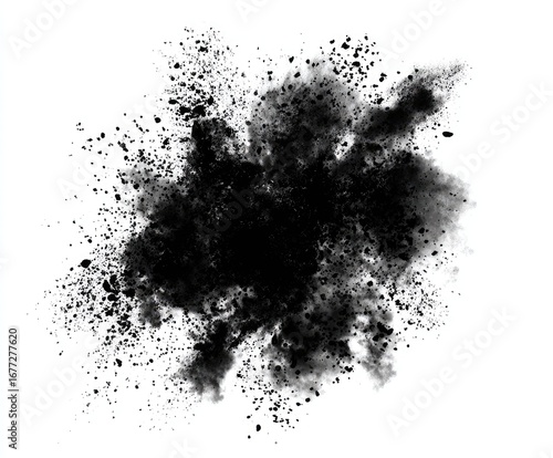 Dark, black powder explosion against a white background