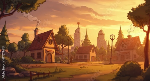Cartoon village street sunset scene