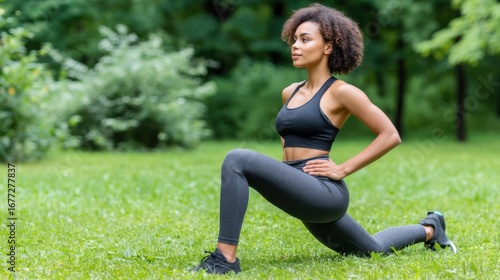Fitness enthusiast performing lunges in a park outdoor exercise green environment side view health and wellness