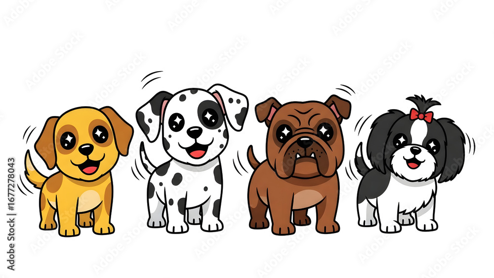 Obraz premium Cartoon Dog Breeds Illustration Cute Puppies Isolated on Black