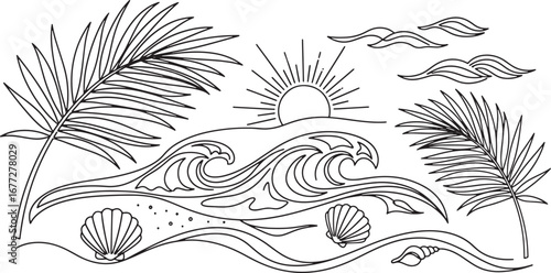 Artistic line drawing of a coastal paradise, featuring dynamic ocean waves, a radiant sun, seashells, and elegant palm fronds