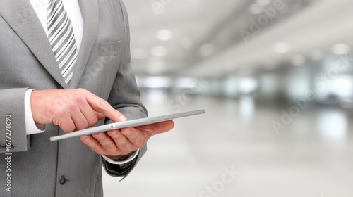 Business professional using tablet in modern office space corporate technology interaction digital innovation environment