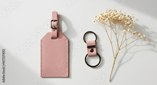 Refined travel accessories: Stylish pink leather luggage tag, keychain, and delicate baby's breath arrangement on a