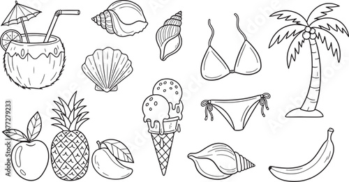 Summer essentials A collection of beach-themed illustrations including food, drinks, and tropical elements