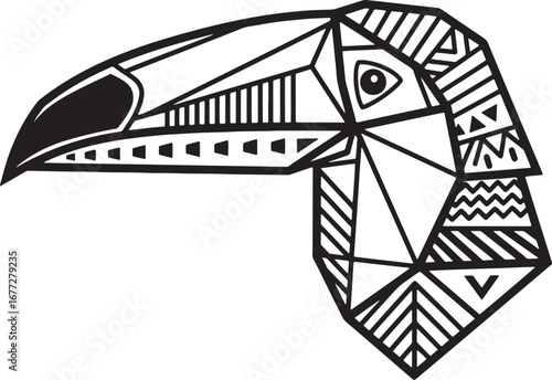 Abstract polygonal illustration of a toucan bird head. Monochrome vector graphic with decorative ethnic ornaments for a modern design concept
