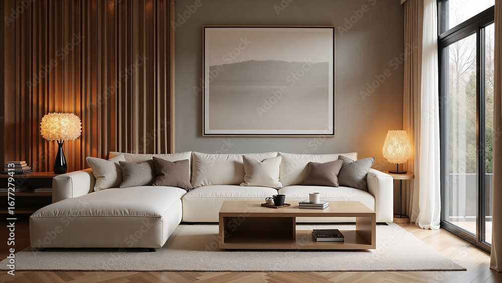 Fototapeta premium Elegant modern living room interior with soft beige sofa, decorative pillows, wooden coffee table, warm lamps, and panoramic window with curtains. AI generated, no real people.