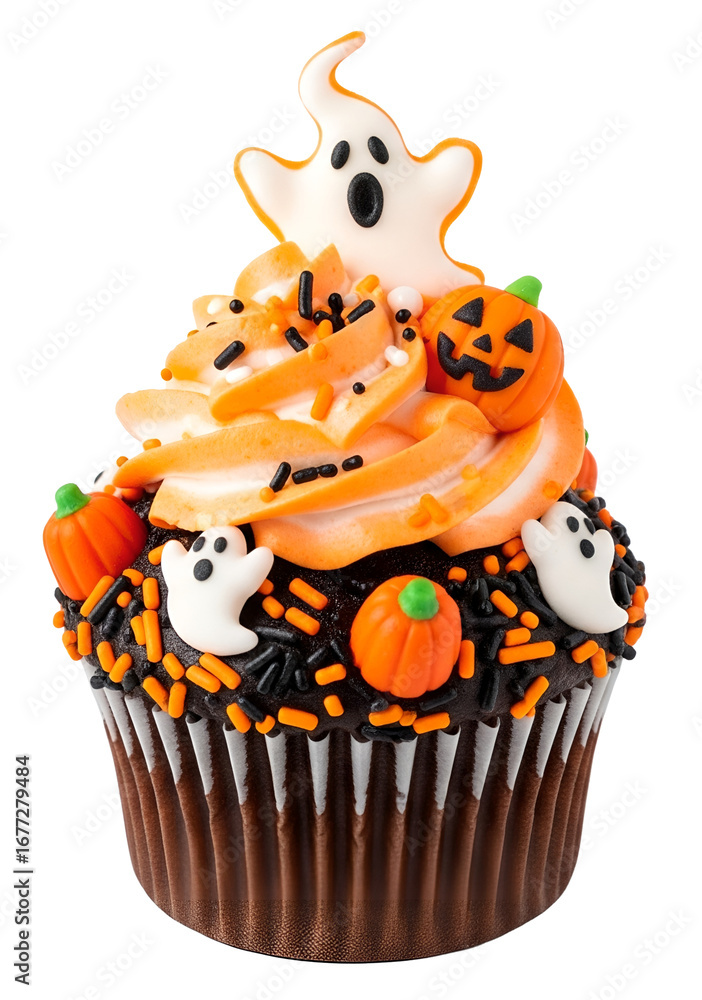 Fototapeta premium Cupcake on Halloween. Pumpkin Jack o lantern and ghost. Dessert on Halloween party. Muffin decorated with colored sprinkles, candy, frosting and Icing. Chocolate cupcake or cake. 100% White background