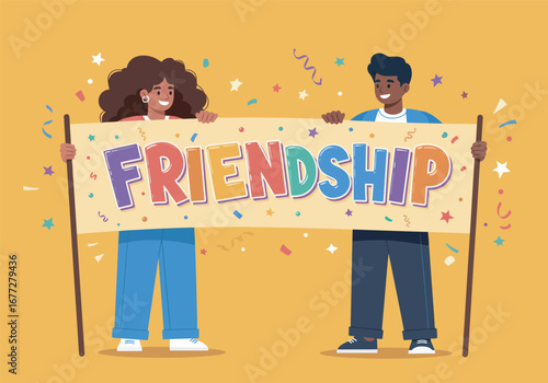 Diverse friends holding a colorful "Friendship" banner