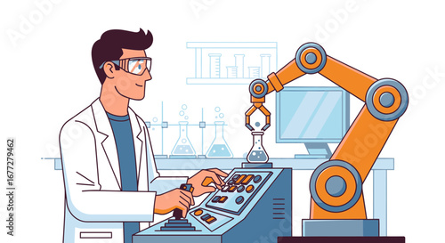 Scientist Operating Robotic Arm in Modern Lab Experiment Automation