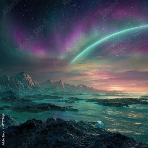 Cosmic Aurora Dances Above a Ringed Planets Alien Ocean.