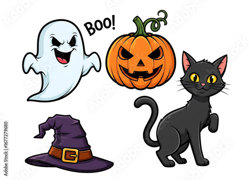 Halloween clipart with ghost, pumpkin, black cat and witch hat. cartoon cute characters with scary smile and boo expression. Fall party cosplay costume sticker set. Magic creature png render