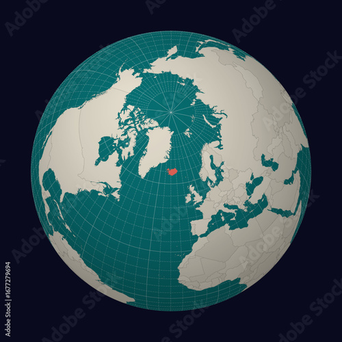 Iceland on the map. Globe centered to Iceland. Country location on the world map. Teal Pale Mint color palette. Globe with countries, meridians and parallels. Appealing vector illustration.