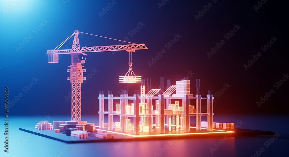 Obraz premium Futuristic construction site with crane and glowing building
