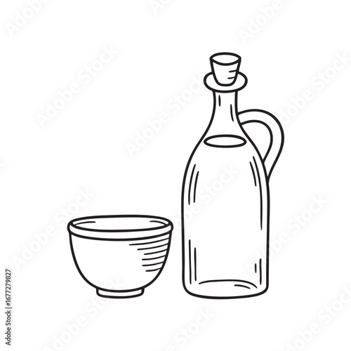 An illustration of vinegar bottle near a ceramic bowl