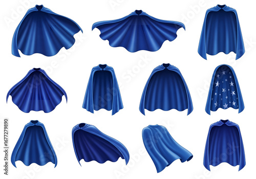 Cape set isolated on white background. 3d blue superhero cloaks. Vector silk flying super hero clothes, halloween children costume, satin theatre cloth or mantle