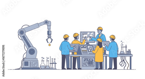 Engineers with robotic arm in laboratory illustration teamwork concept