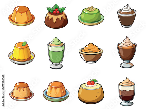 Glossy Realistic Pudding Dessert Collection on White Background