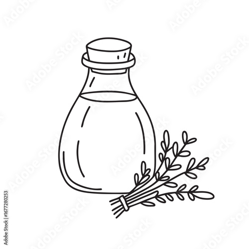 An illustration of vinegar jar near a bunch of herbs
