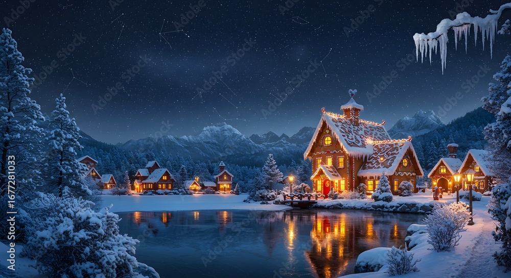 Obraz premium Enchanted Gingerbread Village at Night by Frozen Lake