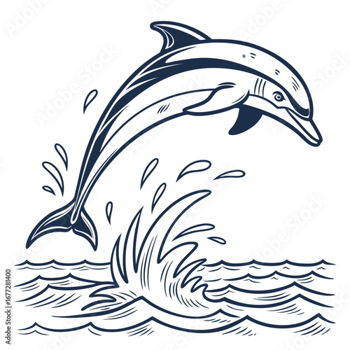 Outline Illustration of a Dolphin Jumping Over Waves leaping ocean