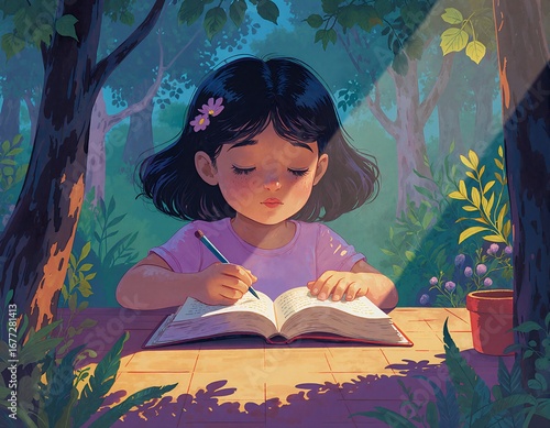 A young girl sits at a wooden table in a, forested setting, engrossed in writing in an open book 