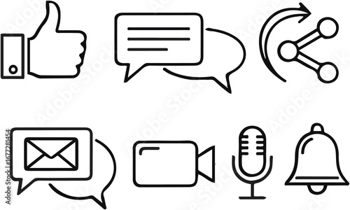 Modern social media icons set featuring like chat share email video microphone and bell symbols