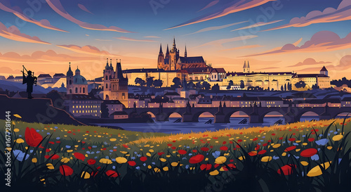 Castle Sunset Romantic Illustrated Cityscape with Flowers