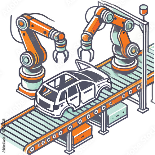 Robotic Car Assembly Line Illustration Orange and White Auto Manufacturing Process