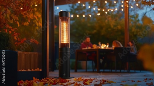 Modern outdoor heater on a cozy patio warming guests seated around a wooden table with autumn leaves scattered and warm lights strung above creating a welcoming evening atmosphere