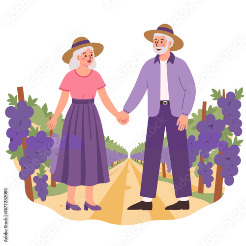 Elderly couple in vineyard. Seniors enjoying countryside together. Romantic walk through grapevines. Retired couple in wine country. Elderly set